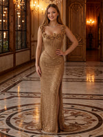 Sequin Square Neck 3D Floral Applique Mermaid Long Evening Dresses with Slit