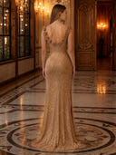 Sequin Square Neck 3D Floral Applique Mermaid Long Evening Dresses with Slit