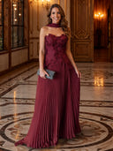 Strapless Ruffled Pleated Chiffon Long Evening Dresses with Scarf