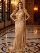 Sequin One Shoulder Mermaid Long Evening Dresses with Cape