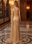 Sequin One Shoulder Mermaid Long Evening Dresses with Cape