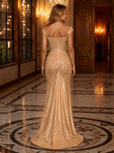 Square Neck Twist Mermaid Sequin Long Evening Dresses with Slit