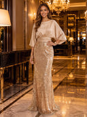 Round Neck Mermaid Sequin Long Evening Dresses with Half Sleeves
