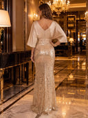 Round Neck Mermaid Sequin Long Evening Dresses with Half Sleeves