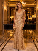 V Neck Mermaid Cap Sleeve Ruched Sequin Long Evening Dresses