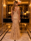 V Neck Mermaid Cap Sleeve Ruched Sequin Long Evening Dresses