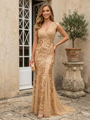 V Neck Mermaid Cap Sleeve Ruched Sequin Long Evening Dresses