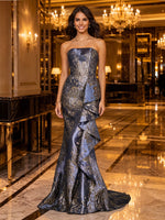 Jacquard Strapless Mermaid Ruffle Long Evening Dresses