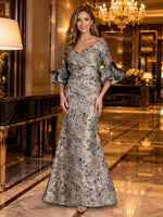 Floral Jacquard V Neck Mermaid Ruffle Long Evening Dresses with Half Sleeves