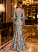 Floral Jacquard V Neck Mermaid Ruffle Long Evening Dresses with Half Sleeves