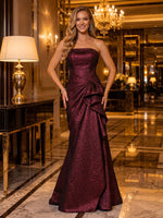 Jacquard Strapless Ruched Mermaid Ruffle Long Evening Dresses