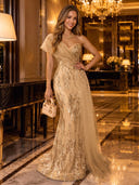 Sequin Lace One Shoulder Draped Tulle Mermaid Long Evening Dresses