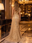 Sequin Lace One Shoulder Draped Tulle Mermaid Long Evening Dresses