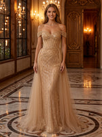 Sequin Off Shoulder Sweetheart Draped Mermaid Long Evening Dresses