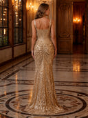 Sequin Square Neck Mermaid Long Evening Dresses with Slit