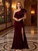 One Shoulder Ruffled Velvet Long Evening Dresses with Slit
