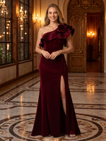 One Shoulder Ruffled Velvet Long Evening Dresses with Slit