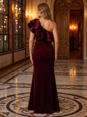 One Shoulder Ruffled Velvet Long Evening Dresses with Slit