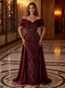 Satin Bow Off Shoulder Beaded  Draped Side Train Mermaid Long Evening Dress