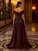 Satin Bow Off Shoulder Beaded  Draped Side Train Mermaid Long Evening Dress