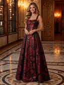 Jacquard Square Neck Ruched A Line Long Evening Dresses