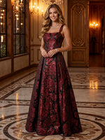 Jacquard Square Neck Ruched A Line Long Evening Dresses