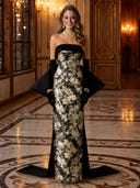 Floral Jacquard Strapless Mermaid Long Evening Dresses with Bow Train