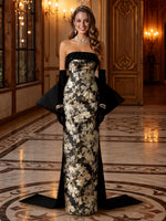 Floral Jacquard Strapless Mermaid Long Evening Dresses with Bow Train