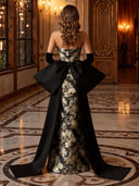 Floral Jacquard Strapless Mermaid Long Evening Dresses with Bow Train