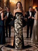 Floral Jacquard Strapless Mermaid Long Evening Dresses with Bow Train