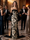 Floral Jacquard Strapless Mermaid Long Evening Dresses with Bow Train