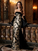 Floral Jacquard Strapless Mermaid Long Evening Dresses with Bow Train