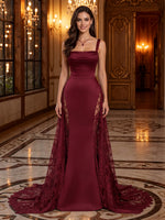 Satin Square Strap Ruched Mermaid Long Evening Dresses with Lace