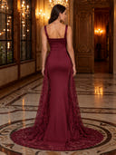 Satin Square Strap Ruched Mermaid Long Evening Dresses with Lace