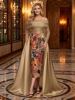 Floral Jacquard Off Shoulder Mermaid Long Evening Dresses with Side Train