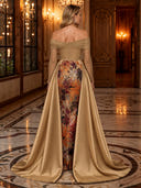Floral Jacquard Off Shoulder Mermaid Long Evening Dresses with Side Train