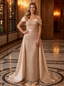 Off Shoulder Sequin Mermaid Long Evening Dresses with Side Train