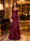 Strapless Mermaid Ruched Chiffon Long Evening Dresses with 3D Flower