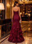 Strapless Mermaid Ruched Chiffon Long Evening Dresses with 3D Flower