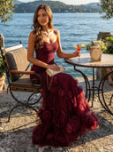 Strapless Mermaid Ruched Chiffon Long Evening Dresses with 3D Flower