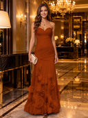 Strapless Mermaid Ruched Chiffon Long Evening Dresses with 3D Flower