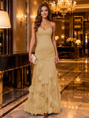 Strapless Mermaid Ruched Chiffon Long Evening Dresses with 3D Flower