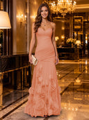 Strapless Mermaid Ruched Chiffon Long Evening Dresses with 3D Flower