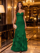 Strapless Mermaid Ruched Chiffon Long Evening Dresses with 3D Flower