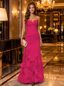 Strapless Mermaid Ruched Chiffon Long Evening Dresses with 3D Flower