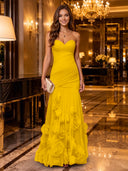 Strapless Mermaid Ruched Chiffon Long Evening Dresses with 3D Flower