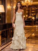 Strapless Mermaid Ruched Chiffon Long Evening Dresses with 3D Flower