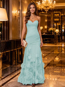 Strapless Mermaid Ruched Chiffon Long Evening Dresses with 3D Flower