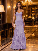 Strapless Mermaid Ruched Chiffon Long Evening Dresses with 3D Flower