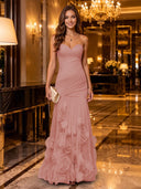 Strapless Mermaid Ruched Chiffon Long Evening Dresses with 3D Flower